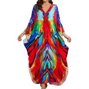 Womens Red Vivid Print V-Neck Batwing Sleeves Summer Beach Cover Up Kaftan Dress